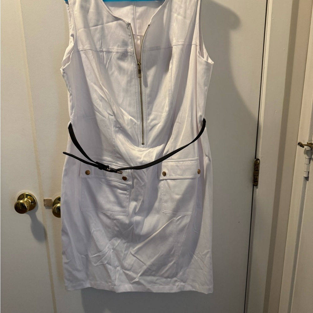 Sharagano White Mini Dress with Black Belt